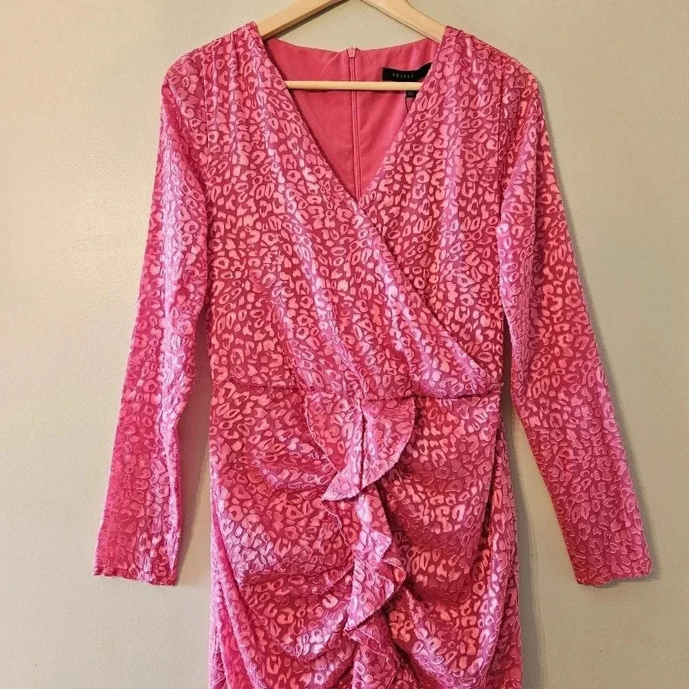 Forest lily Printed Ruched Animal Print Long Sleeve Feminine Mini Dress Pink 6. - Picture 3 of 16